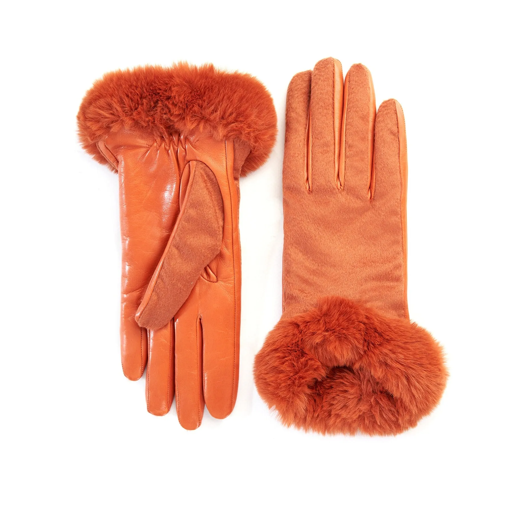 Women's orange leather gloves with pure Holland & Sherry cashmere top detail eco fur cuff