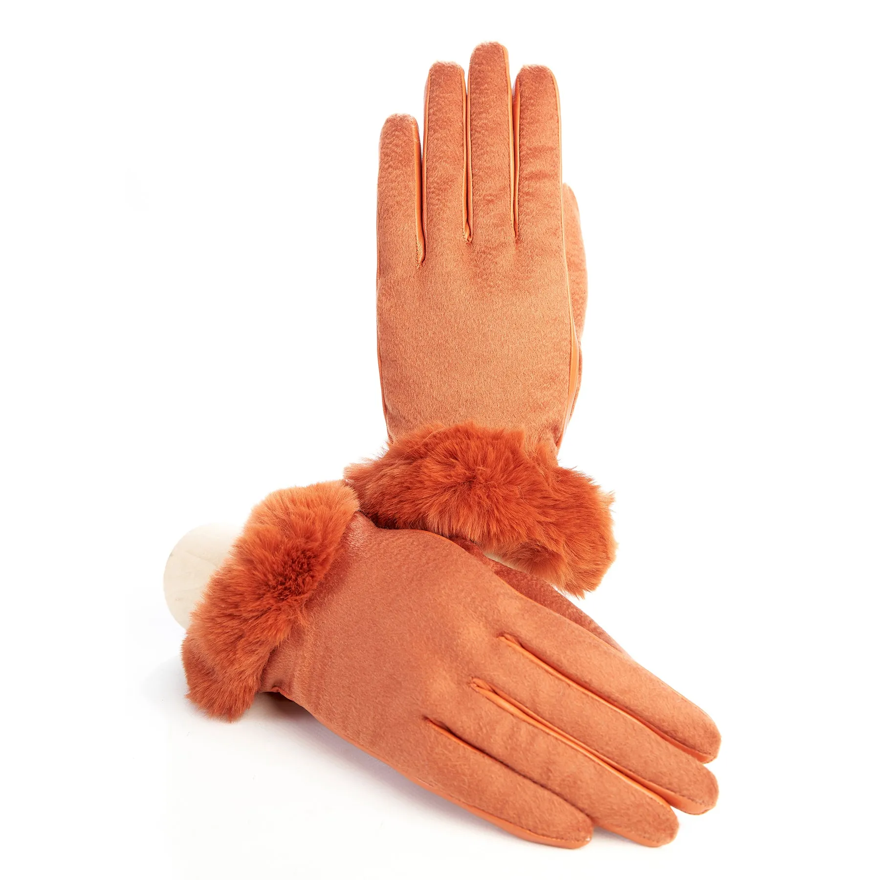 Women's orange leather gloves with pure Holland & Sherry cashmere top detail eco fur cuff