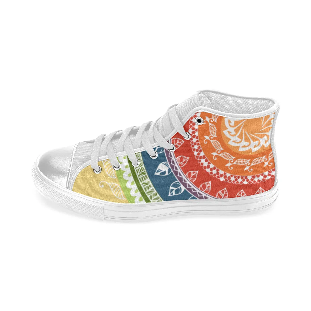 Women's White Folksy Mandala Print Canvas High Top Shoes