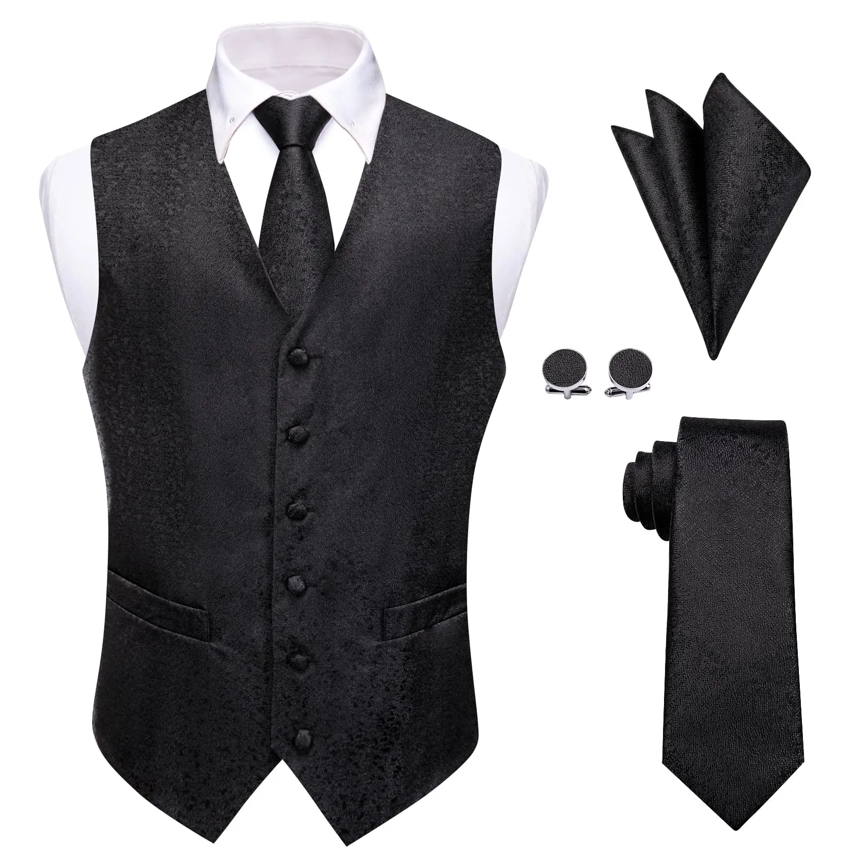 YourTies Black Wedding Waistcoat Formal V-Neck Vest Necktie Set for Men