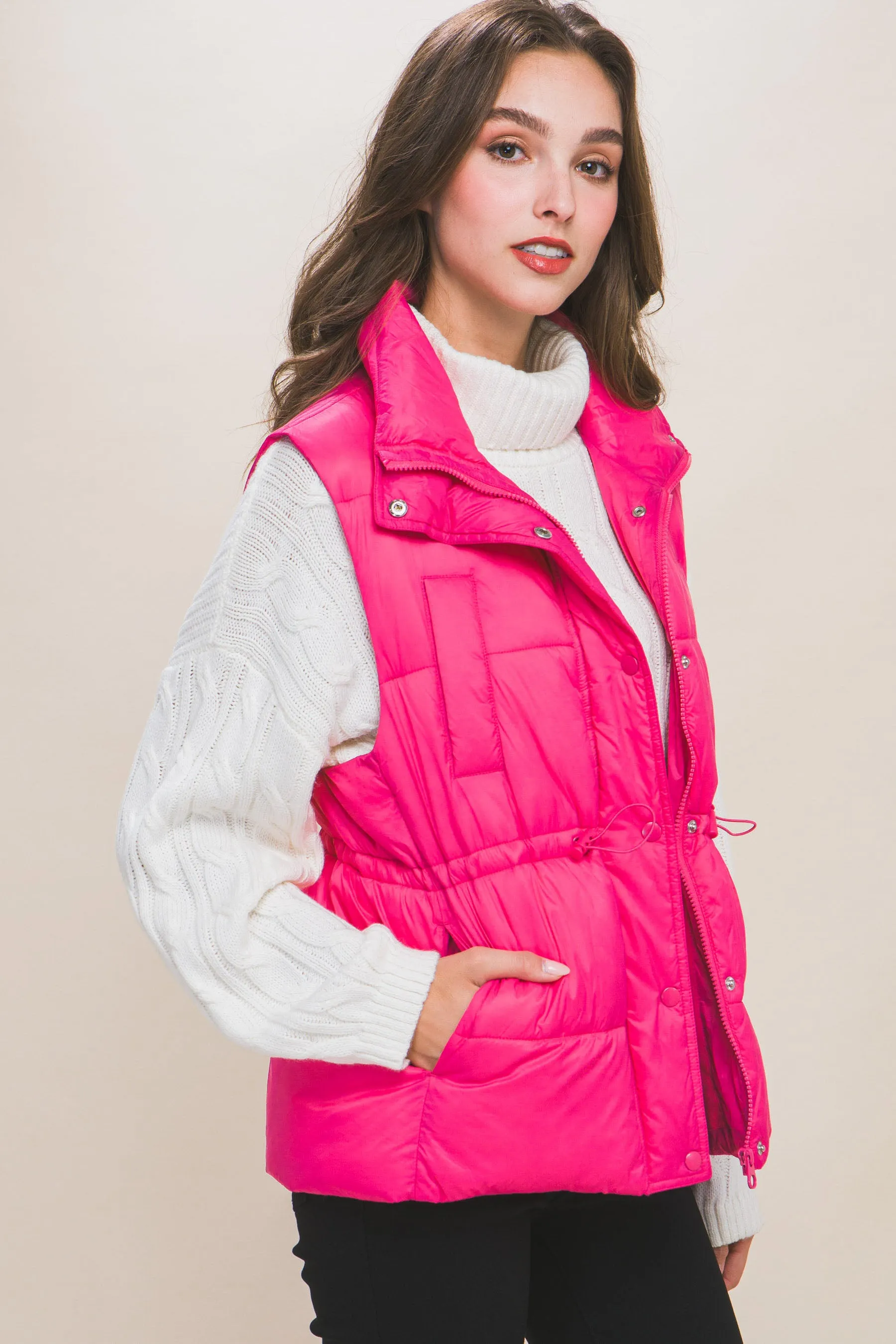 Zip Up Button Puffer Vest With Waist Toggles